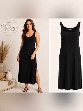 bebe Black XL Sleeveless Scoop Neck Maxi Dress Minimalist Stretch Classic Chic